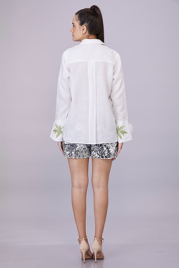 White Blended Linen Embroidered Shirt by Dilnaz Karbhary at Pernia's Pop Up Shop
