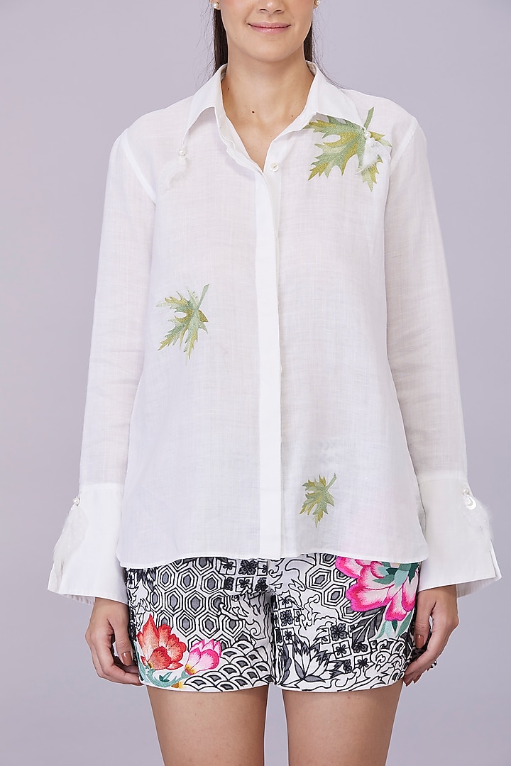 White Blended Linen Embroidered Shirt by Dilnaz Karbhary at Pernia's Pop Up Shop