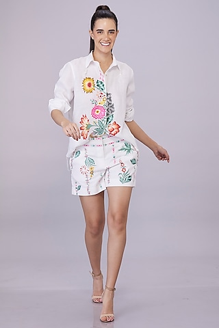 White Linen Blend Floral Embroidered Shirt by Dilnaz Karbhary