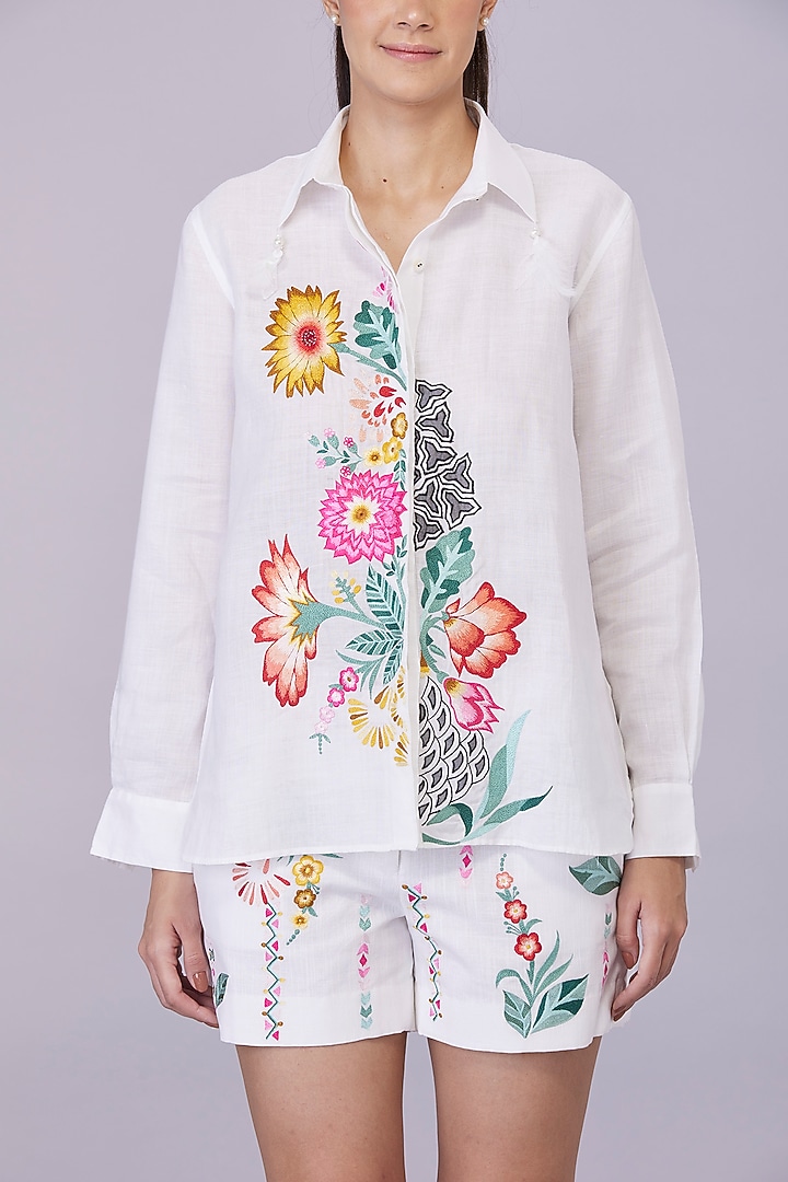 White Linen Blend Floral Embroidered Shirt by Dilnaz Karbhary at Pernia's Pop Up Shop