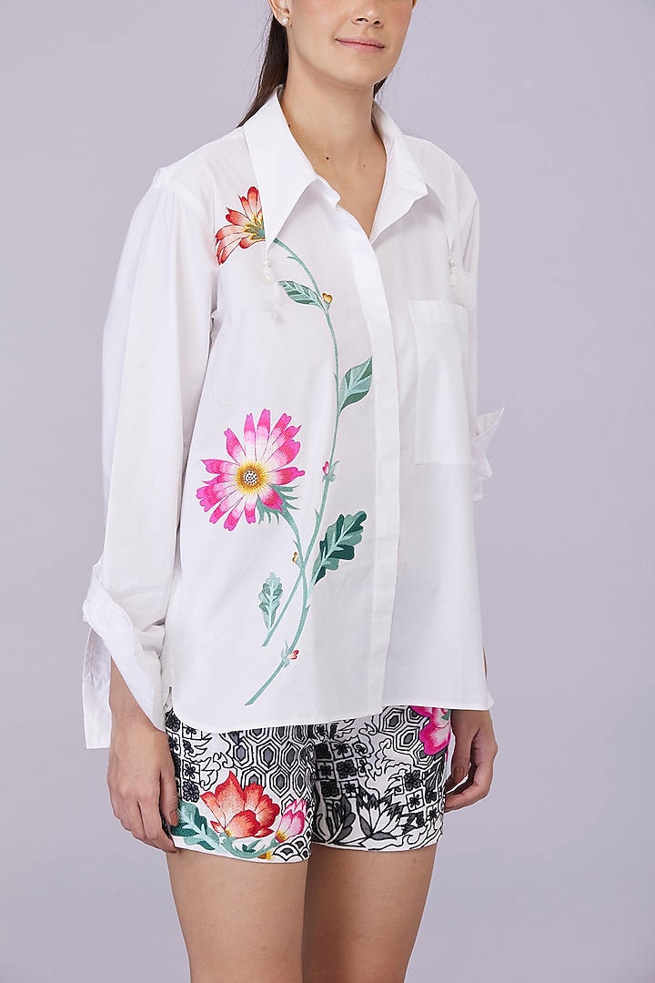 White Cotton Floral Embroidered Shirt by Dilnaz Karbhary at Pernia's Pop Up Shop