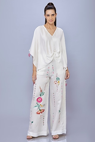 Ivory Blended Satin Linen Floral Trousers by Dilnaz Karbhary