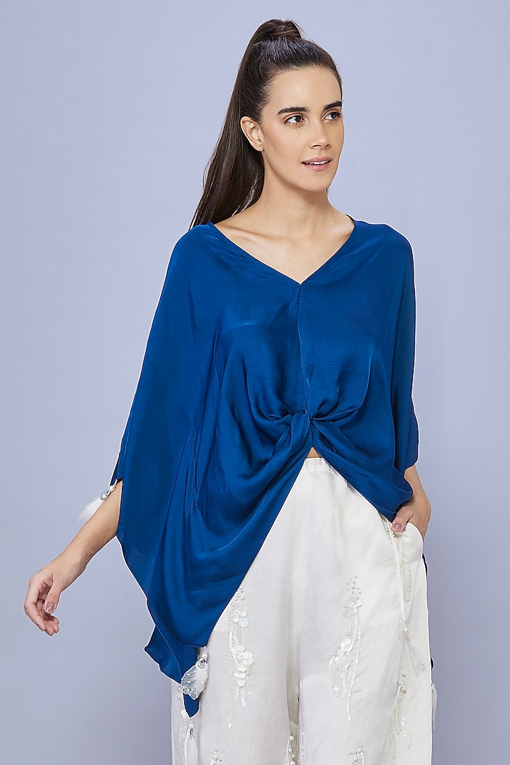 Navy Blue Satin Linen Kaftan by Dilnaz Karbhary at Pernia's Pop Up Shop