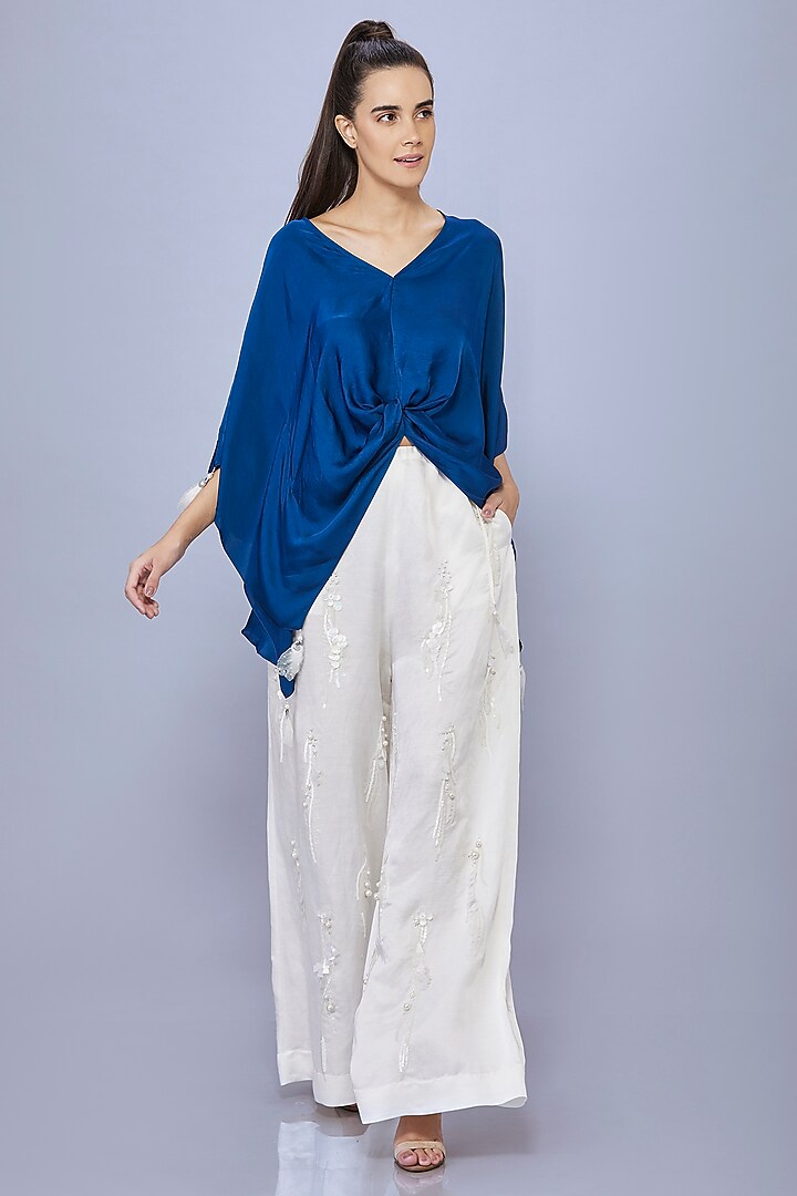 Navy Blue Satin Linen Kaftan by Dilnaz Karbhary at Pernia's Pop Up Shop