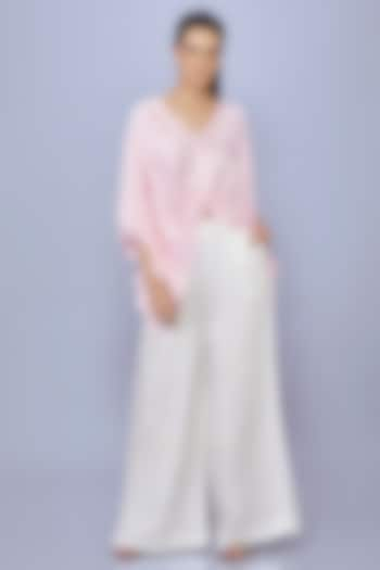 Ivory Pink Blended Satin Linen Trousers by Dilnaz Karbhary at Pernia's Pop Up Shop