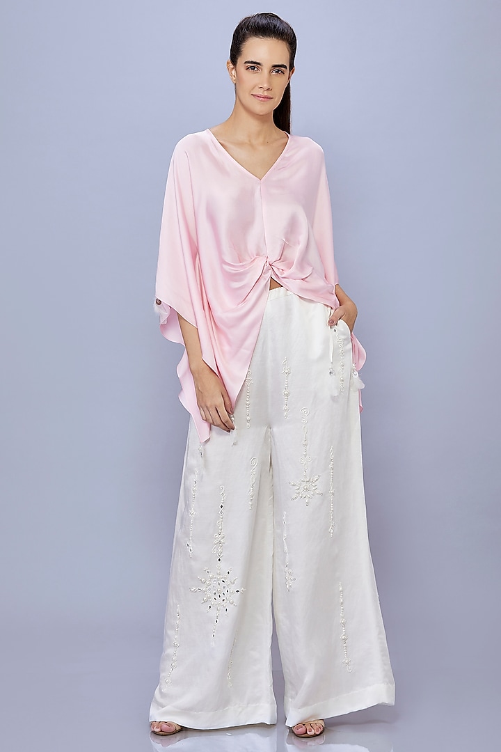 Ivory Pink Blended Satin Linen Trousers by Dilnaz Karbhary at Pernia's Pop Up Shop