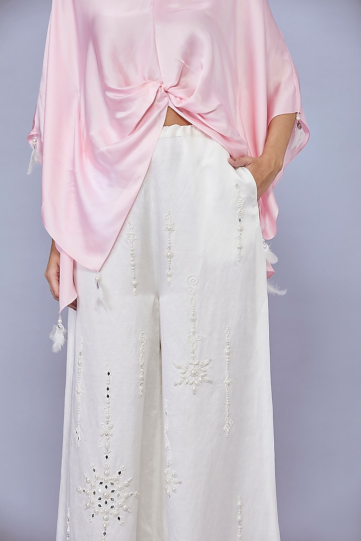 Ivory Blended Satin Linen Trousers by Dilnaz Karbhary at Pernia's Pop Up Shop