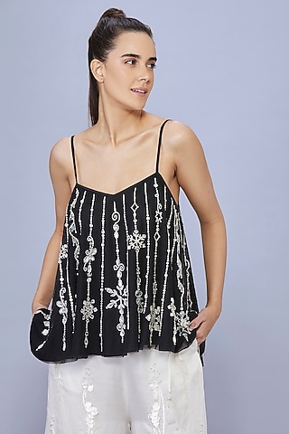 Black Net & Polyester Diamond Embroidered Spaghetti Camisole by Dilnaz Karbhary