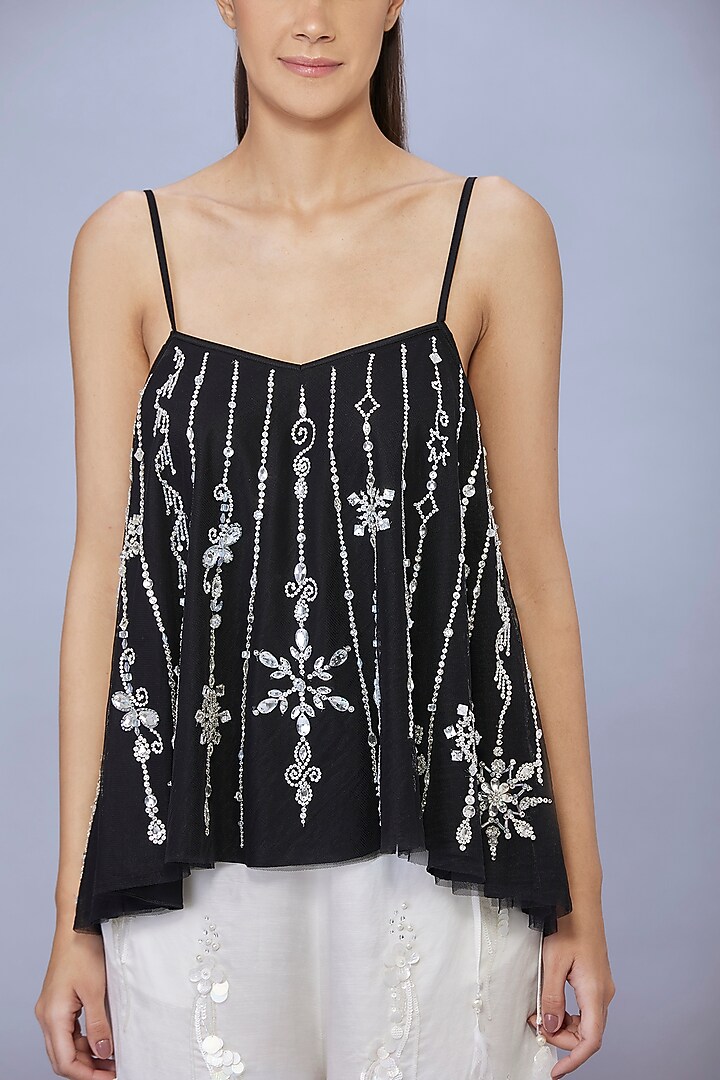 Black Net & Polyester Diamond Embroidered Spaghetti Camisole by Dilnaz Karbhary at Pernia's Pop Up Shop