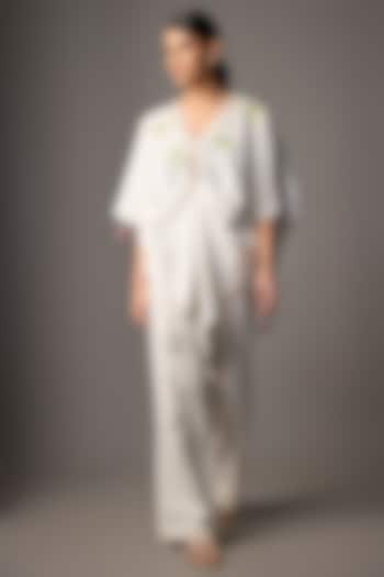 White Blended Cotton Leaf Embroidered Kaftan by Dilnaz Karbhary at Pernia's Pop Up Shop