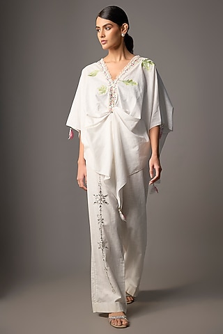 White Blended Cotton Leaf Embroidered Kaftan by Dilnaz Karbhary
