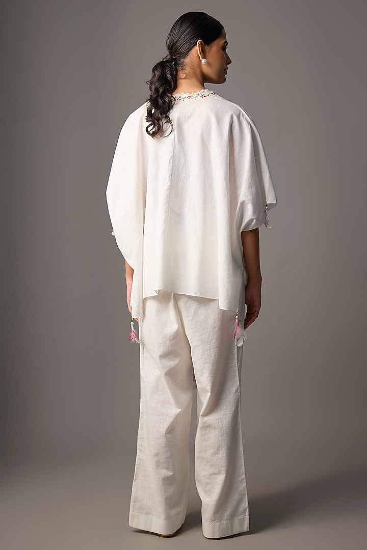 White Blended Cotton Leaf Embroidered Kaftan by Dilnaz Karbhary at Pernia's Pop Up Shop