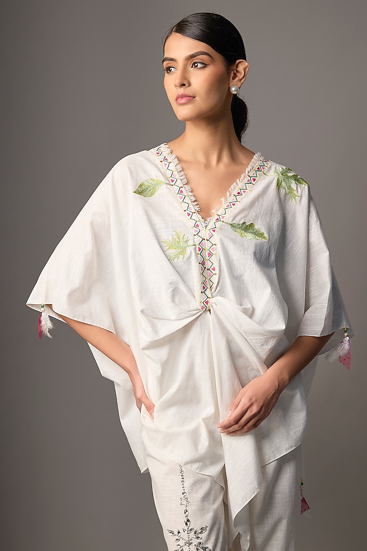 White Blended Cotton Leaf Embroidered Kaftan by Dilnaz Karbhary at Pernia's Pop Up Shop