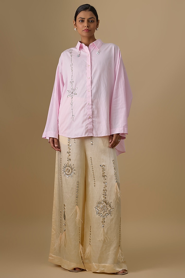 Light Pink Cotton Embroidered Shirt by Dilnaz Karbhary at Pernia's Pop Up Shop