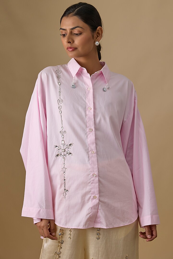 Light Pink Cotton Embroidered Shirt by Dilnaz Karbhary at Pernia's Pop Up Shop