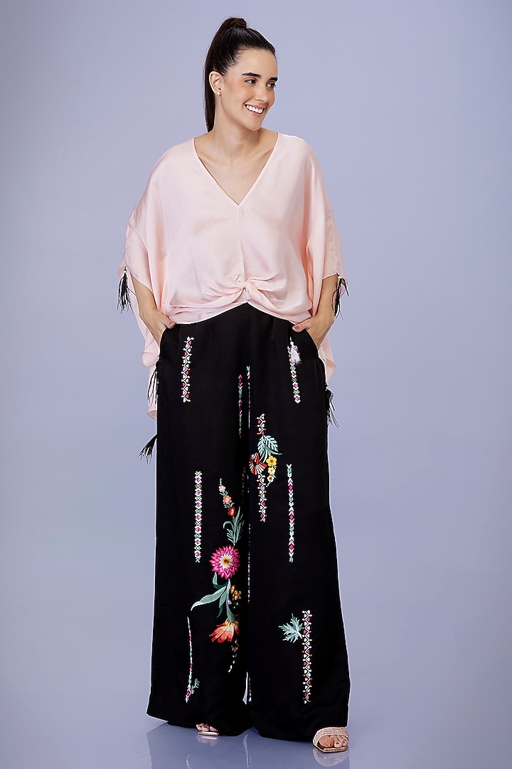 Black Satin Linen Hand Embroidered Trousers by Dilnaz Karbhary at Pernia's Pop Up Shop