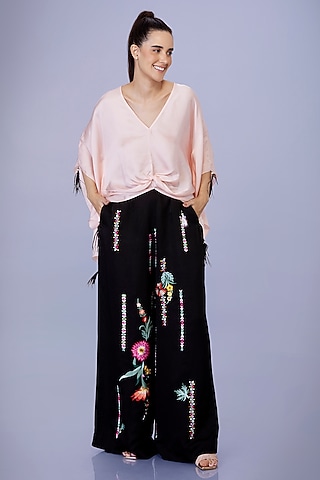 Black Satin Linen Hand Embroidered Trousers by Dilnaz Karbhary