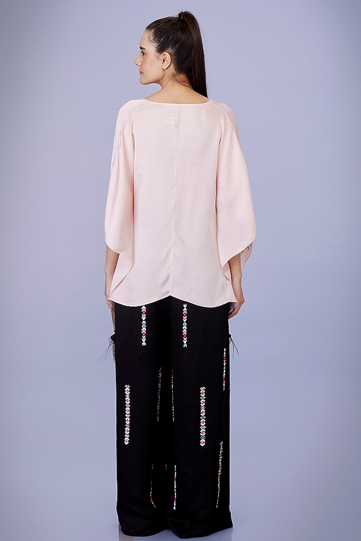 Black Satin Linen Hand Embroidered Trousers by Dilnaz Karbhary at Pernia's Pop Up Shop