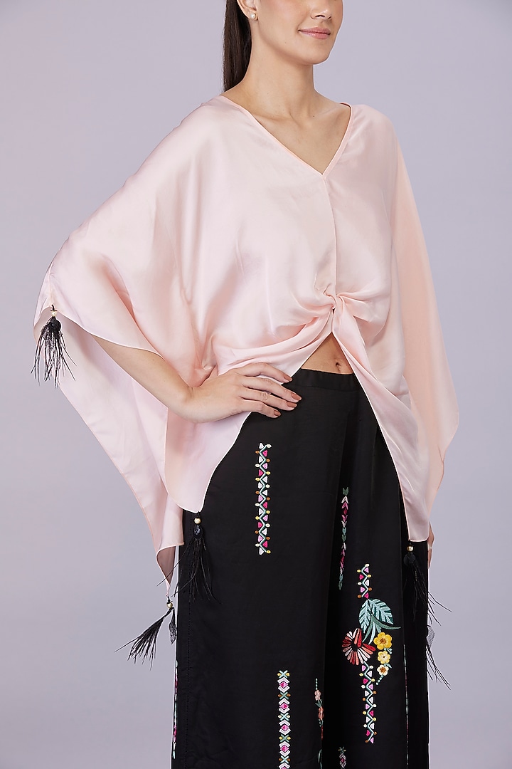 Black Satin Linen Hand Embroidered Trousers by Dilnaz Karbhary at Pernia's Pop Up Shop