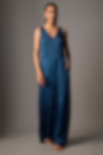 Sapphire Blue Blended Satin Jumpsuit by Dilnaz Karbhary at Pernia's Pop Up Shop