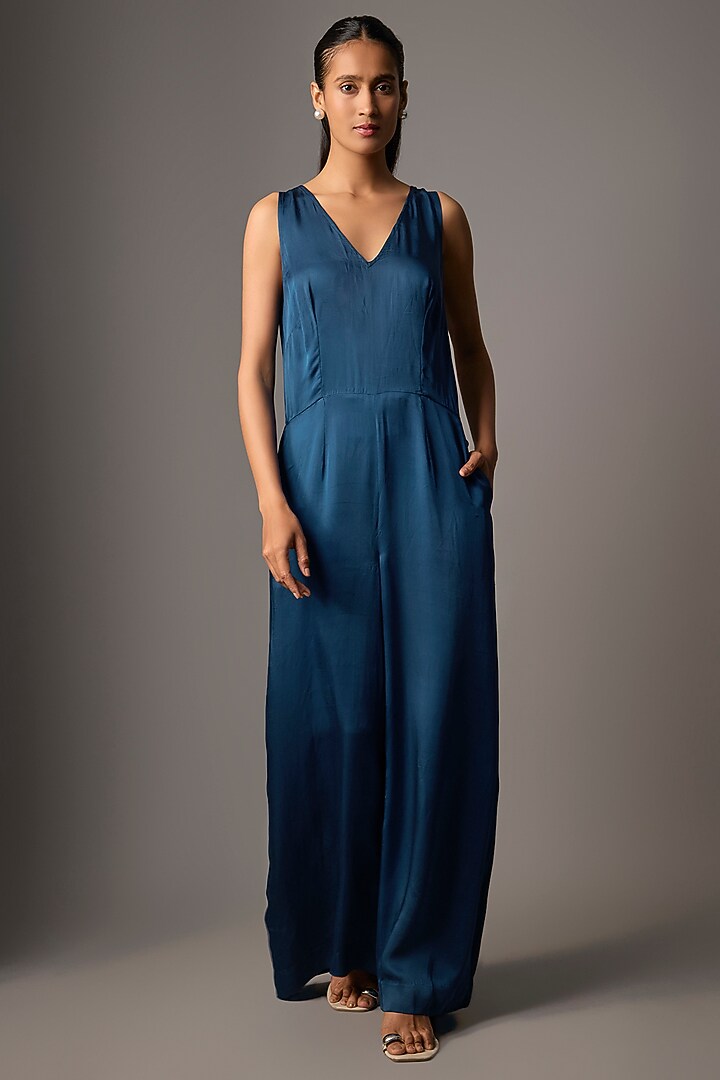 Sapphire Blue Blended Satin Jumpsuit by Dilnaz Karbhary at Pernia's Pop Up Shop