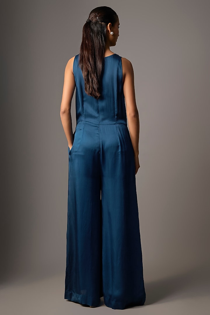 Sapphire Blue Blended Satin Jumpsuit by Dilnaz Karbhary at Pernia's Pop Up Shop
