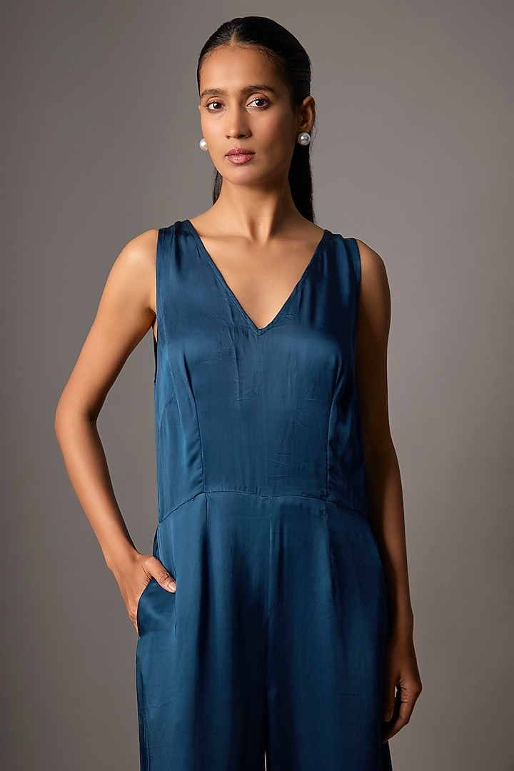 Sapphire Blue Blended Satin Jumpsuit by Dilnaz Karbhary at Pernia's Pop Up Shop