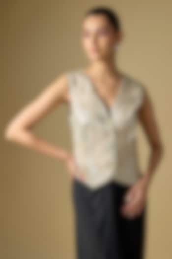 Gold Milano Foil Gara Embroidered Waistcoat by Dilnaz Karbhary at Pernia's Pop Up Shop