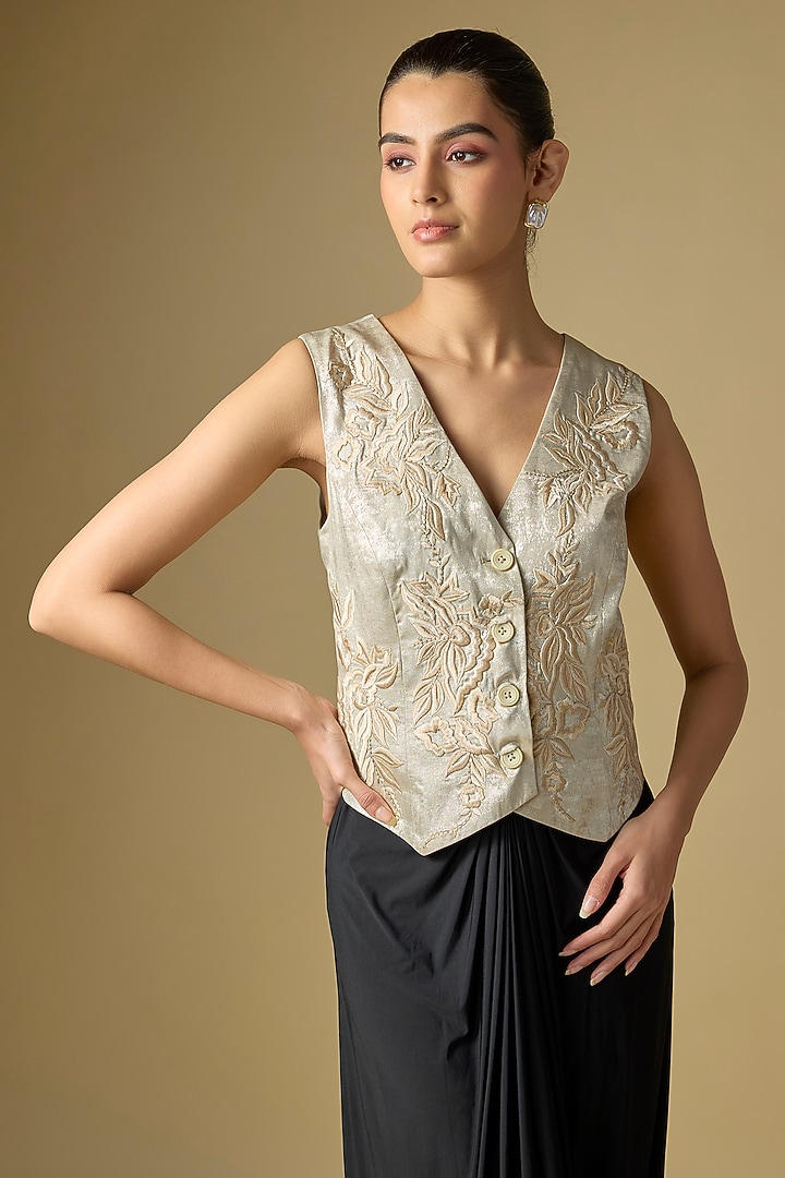 Gold Milano Foil Gara Embroidered Waistcoat by Dilnaz Karbhary at Pernia's Pop Up Shop