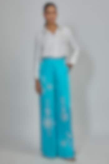 Pop Blue Blended Linen Trousers by Dilnaz Karbhary at Pernia's Pop Up Shop