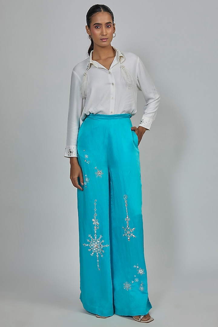 Pop Blue Blended Linen Trousers by Dilnaz Karbhary at Pernia's Pop Up Shop