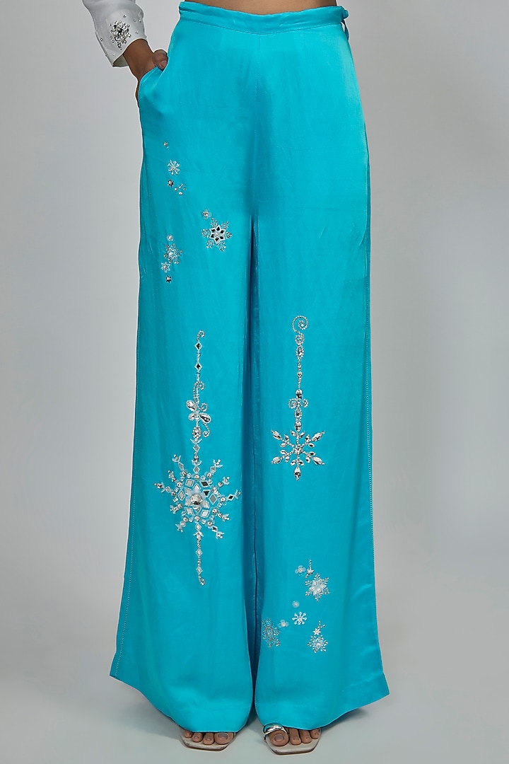 Pop Blue Blended Linen Trousers by Dilnaz Karbhary at Pernia's Pop Up Shop
