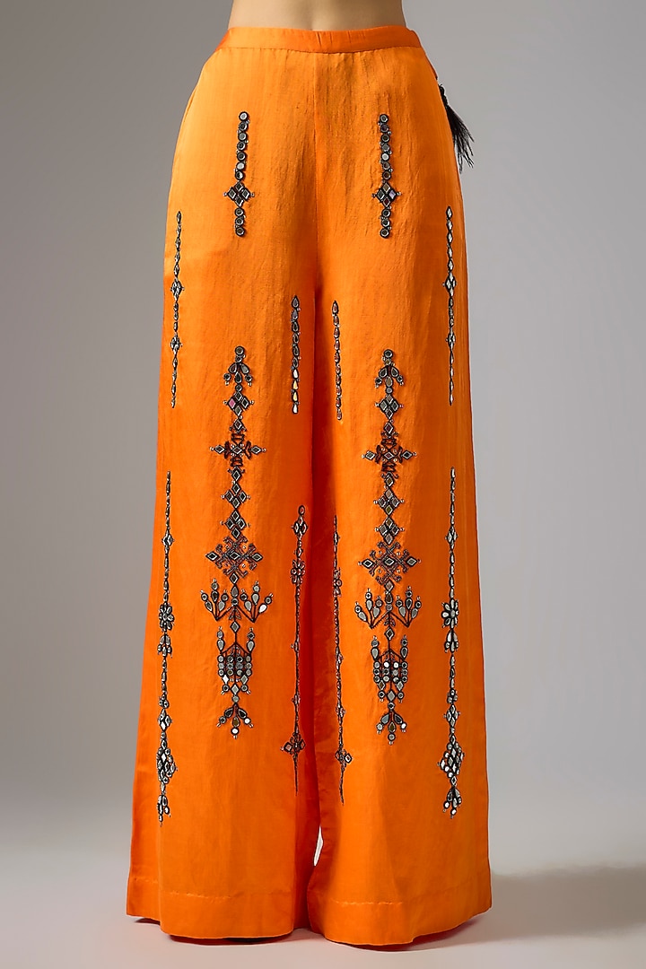 Saffron Blended Satin Mirror Work Trousers by Dilnaz Karbhary at Pernia's Pop Up Shop