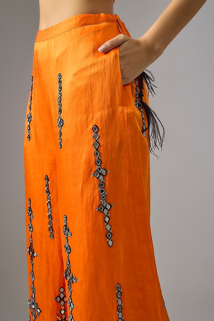 Saffron Blended Satin Mirror Work Trousers by Dilnaz Karbhary at Pernia's Pop Up Shop