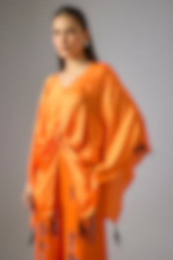 Saffron Blended Satin Draped Kaftan by Dilnaz Karbhary at Pernia's Pop Up Shop