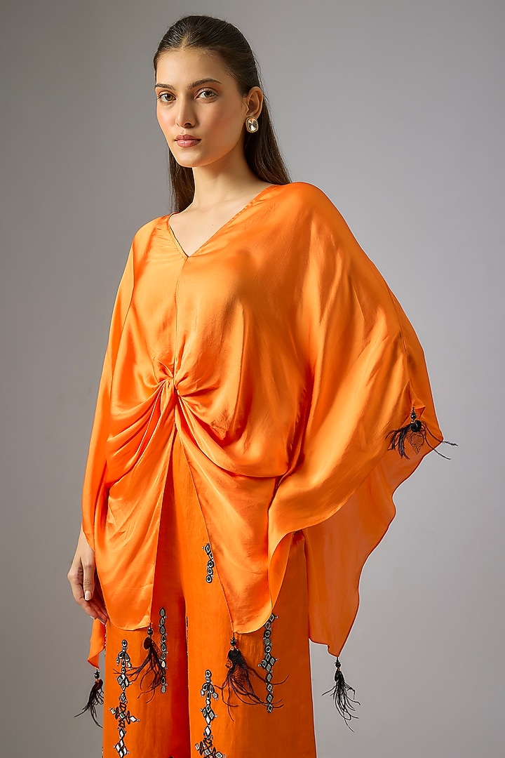 Saffron Blended Satin Draped Kaftan by Dilnaz Karbhary at Pernia's Pop Up Shop