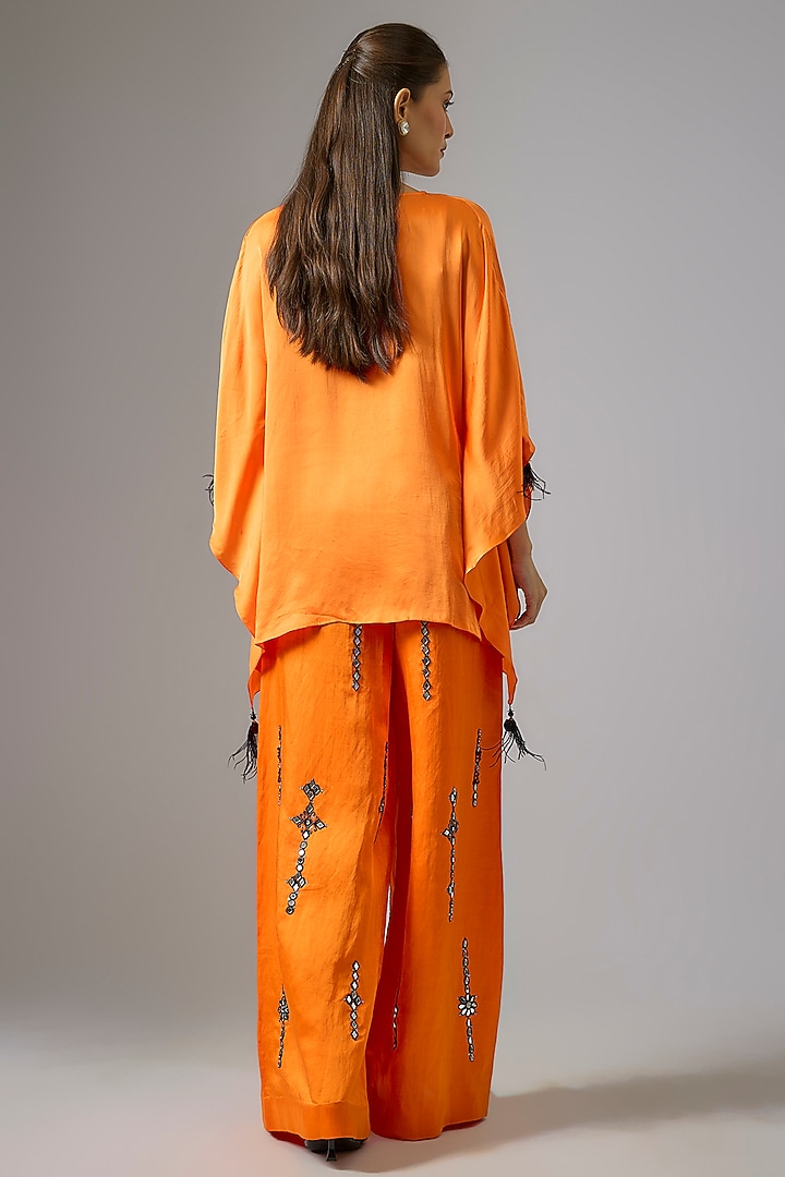 Saffron Blended Satin Draped Kaftan by Dilnaz Karbhary at Pernia's Pop Up Shop