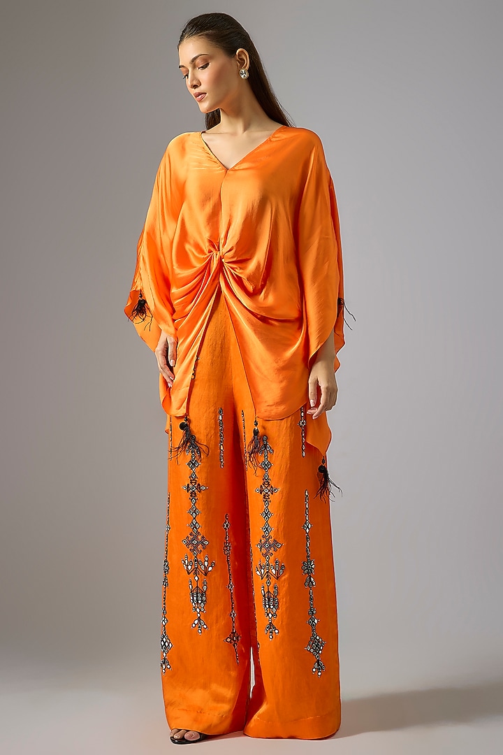Saffron Blended Satin Draped Kaftan by Dilnaz Karbhary at Pernia's Pop Up Shop