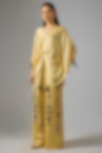 Light Gold Blended Satin Mirror Work Trousers by Dilnaz Karbhary at Pernia's Pop Up Shop