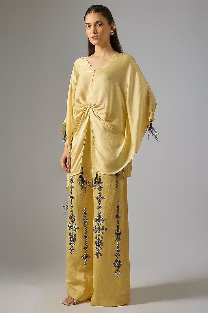 Light Gold Blended Satin Mirror Work Trousers by Dilnaz Karbhary at Pernia's Pop Up Shop