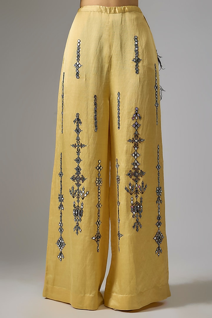 Light Gold Blended Satin Mirror Work Trousers by Dilnaz Karbhary at Pernia's Pop Up Shop