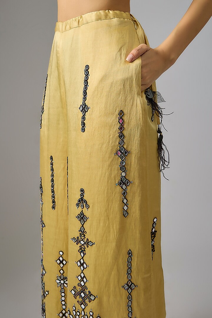 Light Gold Blended Satin Mirror Work Trousers by Dilnaz Karbhary at Pernia's Pop Up Shop