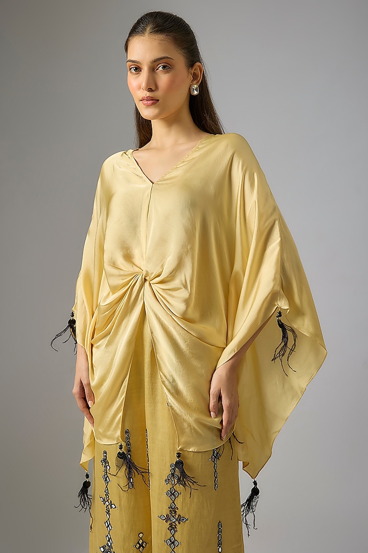 Light Gold Blended Satin Draped Kaftan by Dilnaz Karbhary at Pernia's Pop Up Shop