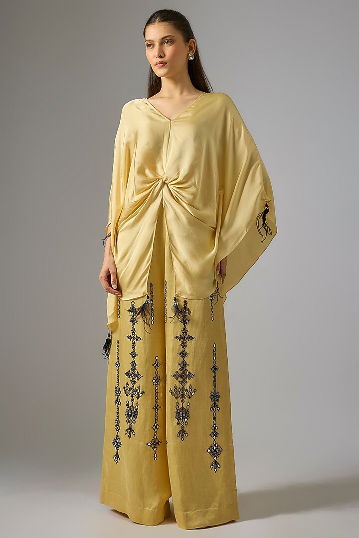 Light Gold Blended Satin Draped Kaftan by Dilnaz Karbhary at Pernia's Pop Up Shop