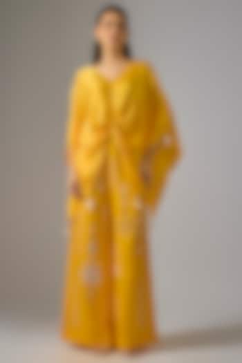 Mango Yellow Blended Linen Pearl Mirror Embroidered Trousers by Dilnaz Karbhary at Pernia's Pop Up Shop
