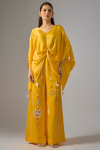 Mango Yellow Blended Linen Pearl Mirror Embroidered Trousers by Dilnaz Karbhary