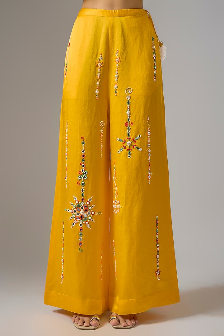 Mango Yellow Blended Linen Pearl Mirror Embroidered Trousers by Dilnaz Karbhary at Pernia's Pop Up Shop