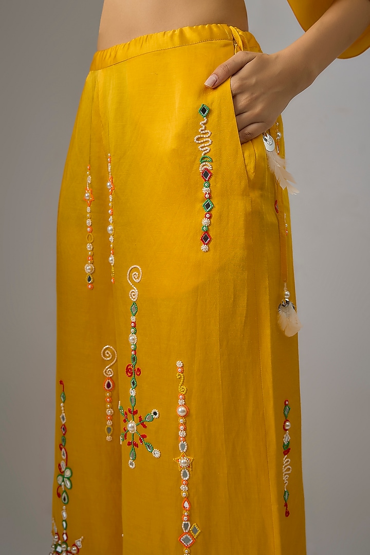 Mango Yellow Blended Linen Pearl Mirror Embroidered Trousers by Dilnaz Karbhary at Pernia's Pop Up Shop