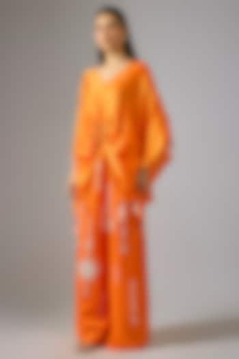 Saffron Blended Linen Pearl Embroidered Trousers by Dilnaz Karbhary at Pernia's Pop Up Shop
