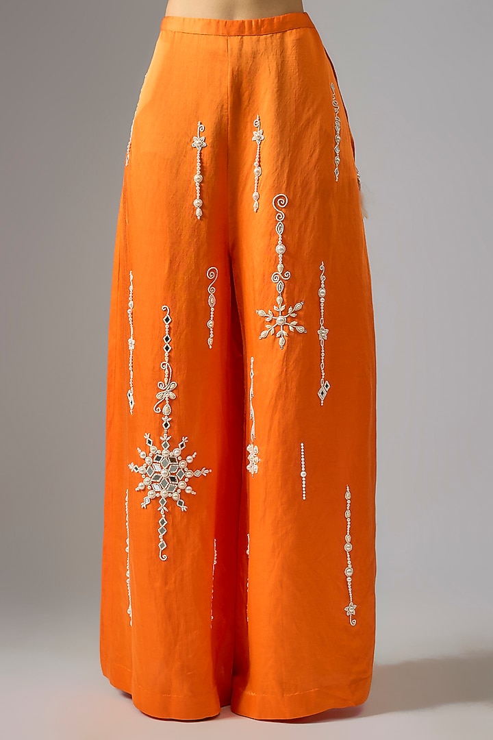 Saffron Blended Linen Pearl Embroidered Trousers by Dilnaz Karbhary at Pernia's Pop Up Shop